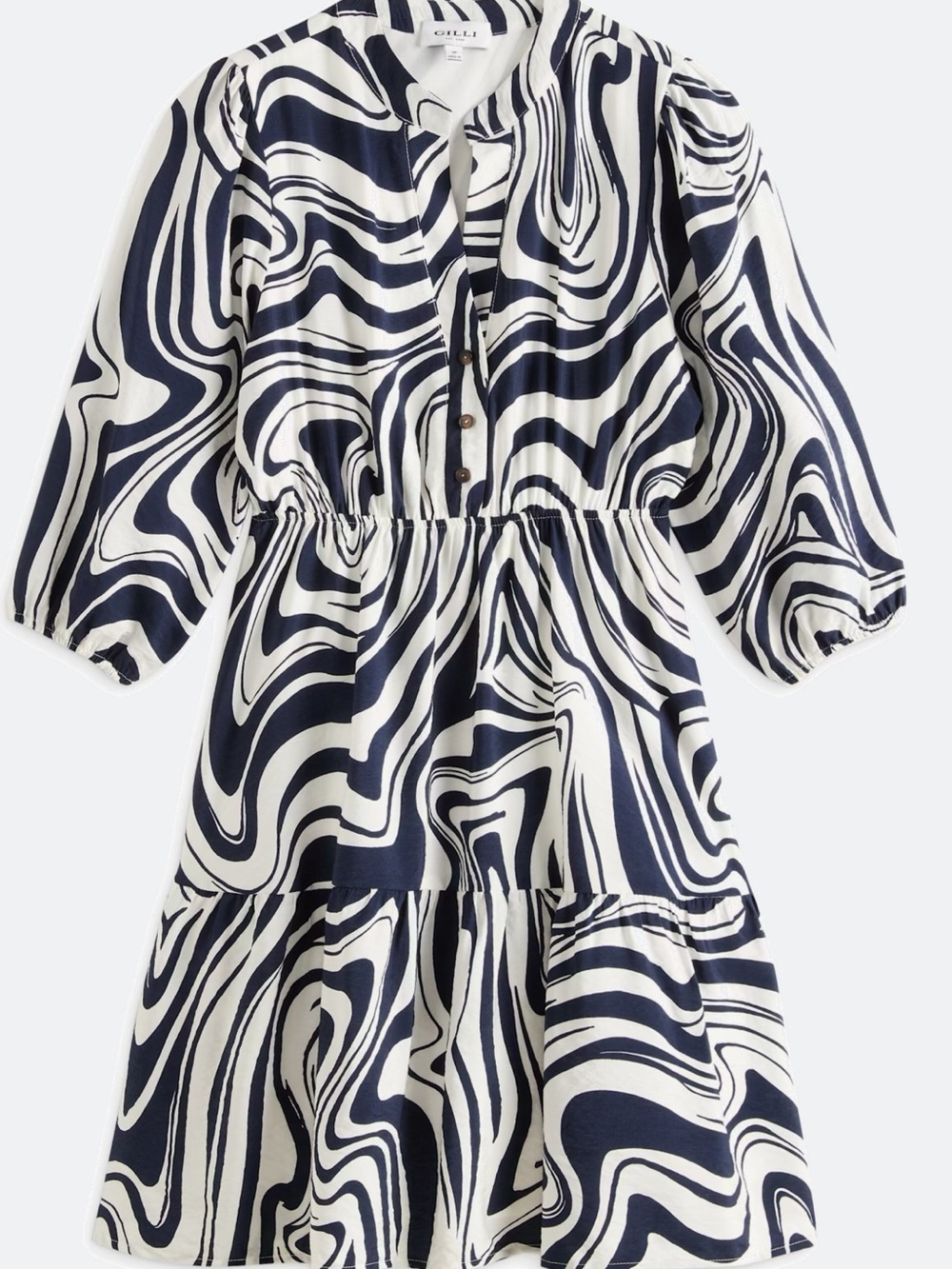 Gilli Navy & White Swirl Tiered Button-Front Dress Petite Medium